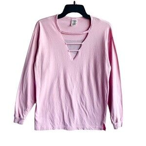 Victorias Secret Pink Long Sleeve Tshirt Oversized XS Strappy V Neck Rose Pink